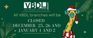 Image of Jojo the Giraffe wearing a Santa hat. Text reading "All VBDL branches will be closed December 25, 26, and January 1 and 2."