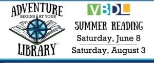 Summer Reading begins June 8 and runs through August 3. Image of a compass rose on an open book.